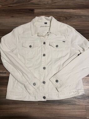 Eddie Bauer Womens White Denim Jean Trucker Jacket Pockets Size XL Capsule